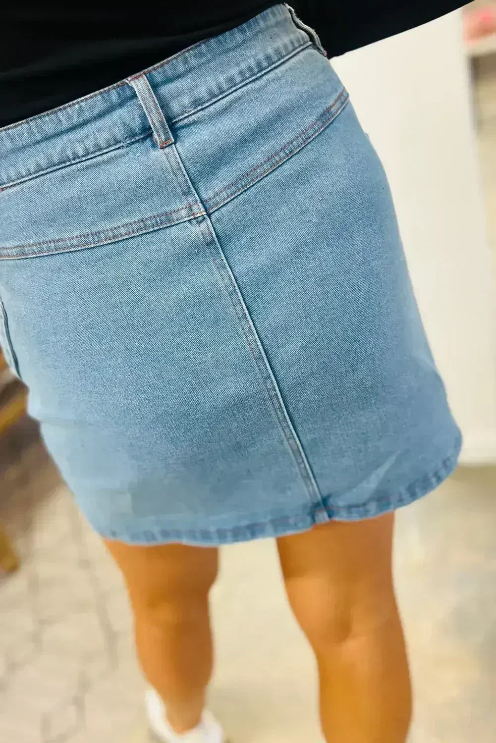 Dusk Blue Acid Washed Bowknot Details High Waist Denim Skirt - Femstylo