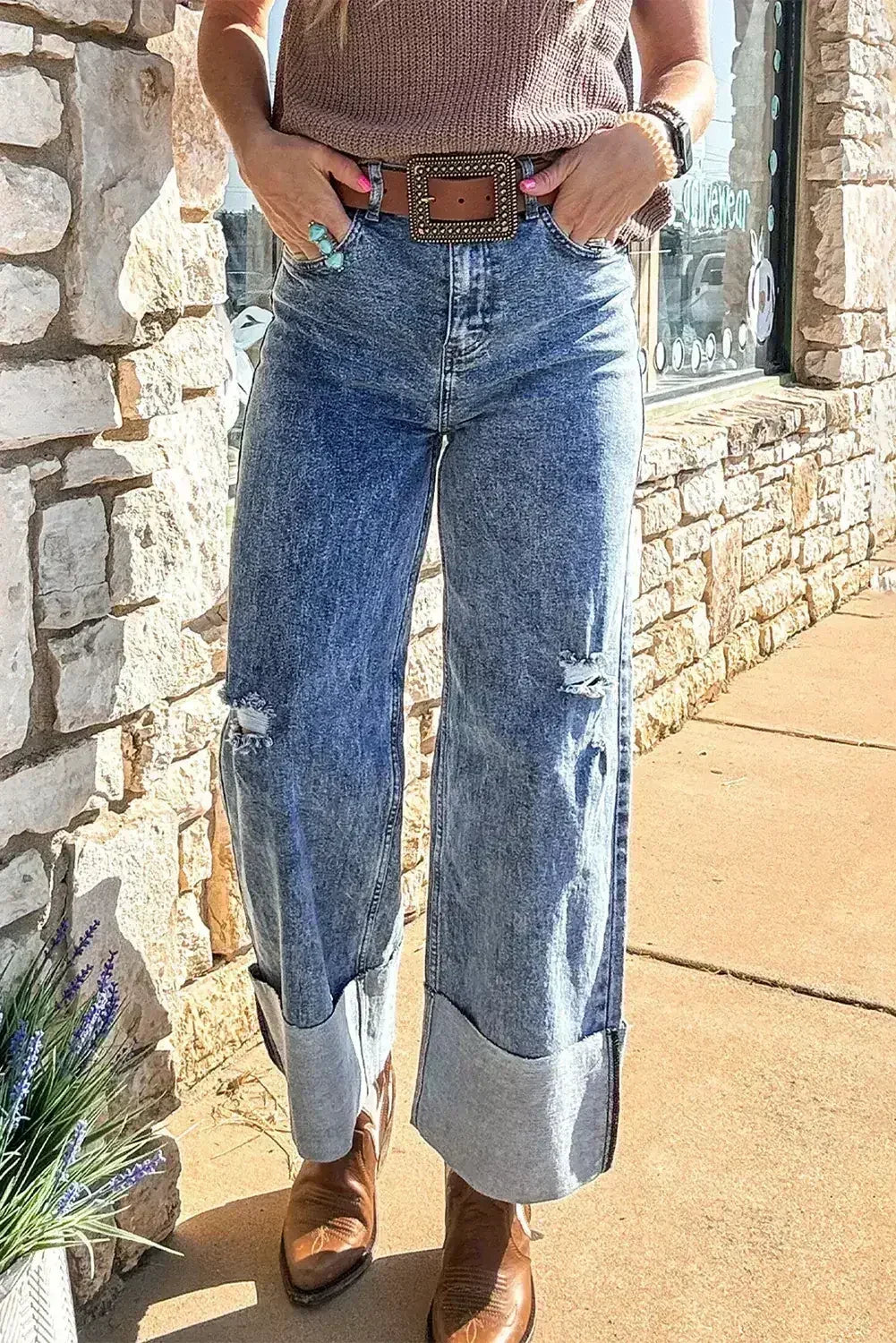 Ashleigh Blue Mineral Wash Distressed Wide Leg Jeans - Femstylo
