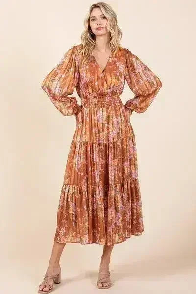 Mittoshop Flower Print Satin Lurex Stripe Smocked Midi Dress - Femstylo