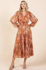 Mittoshop Flower Print Satin Lurex Stripe Smocked Midi Dress - Femstylo