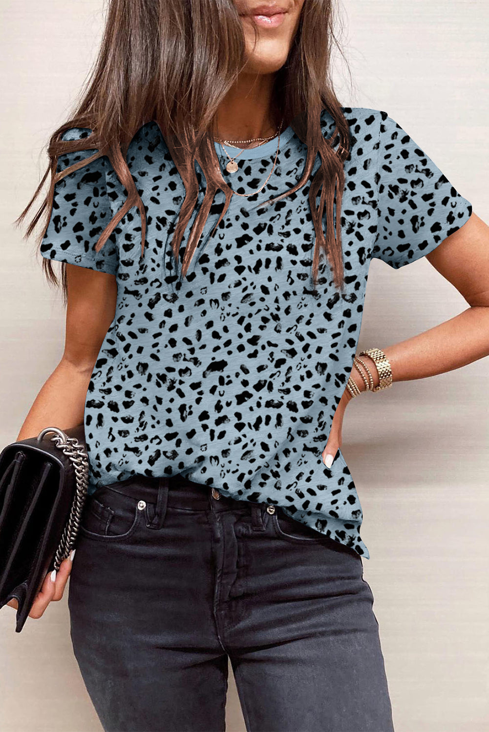 Grey Cheetah Print Casual Crew Neck T Shirt