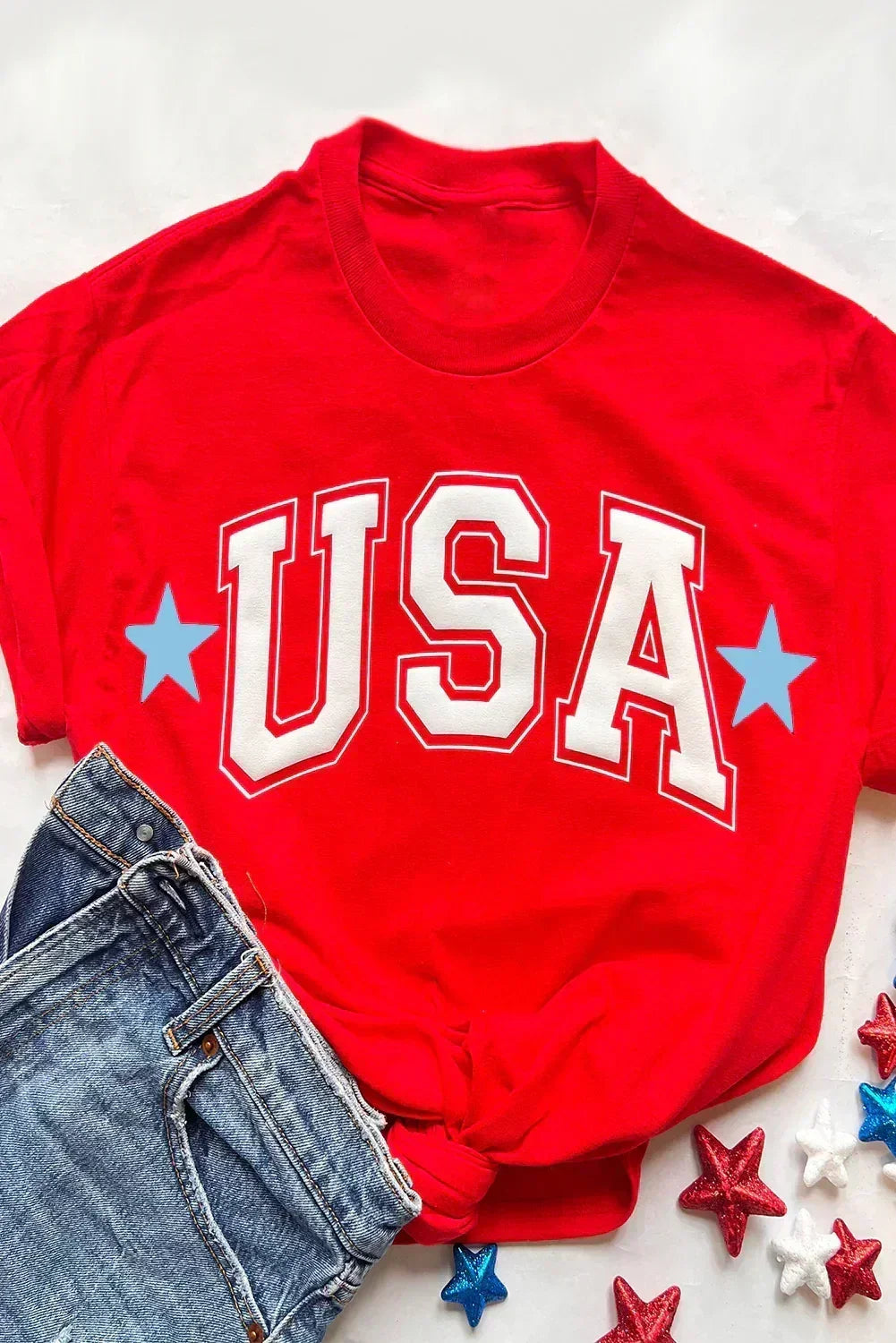 Red Star USA Print Crewneck T Shirt