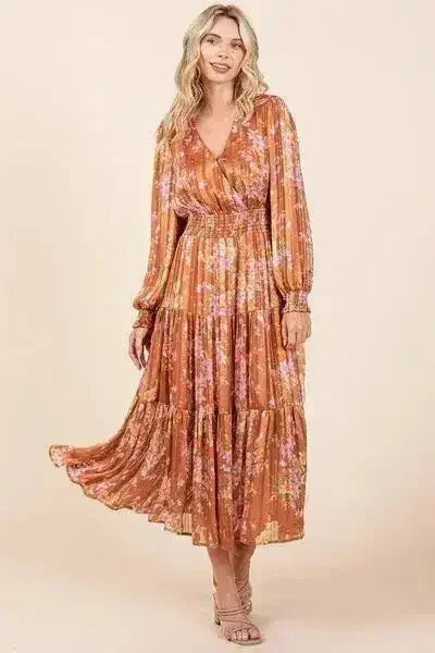 Mittoshop Flower Print Satin Lurex Stripe Smocked Midi Dress - Femstylo