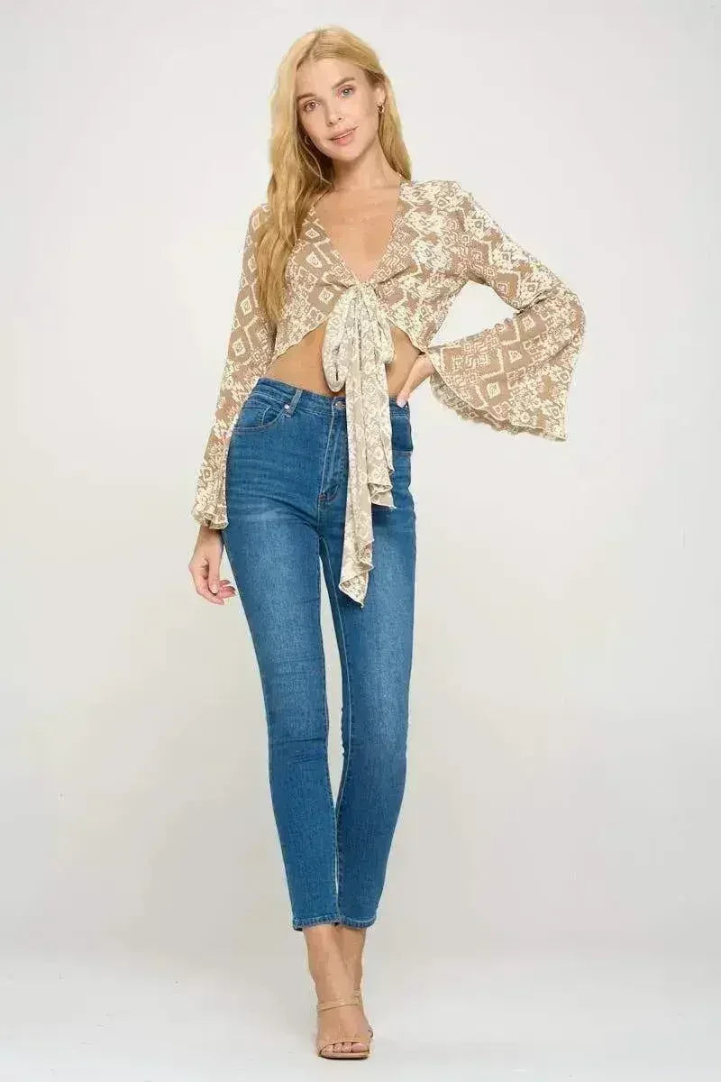 Boho Bell-Sleeve Crop Top | Floral Tie-Front | Sizes S-XL - Femstylo