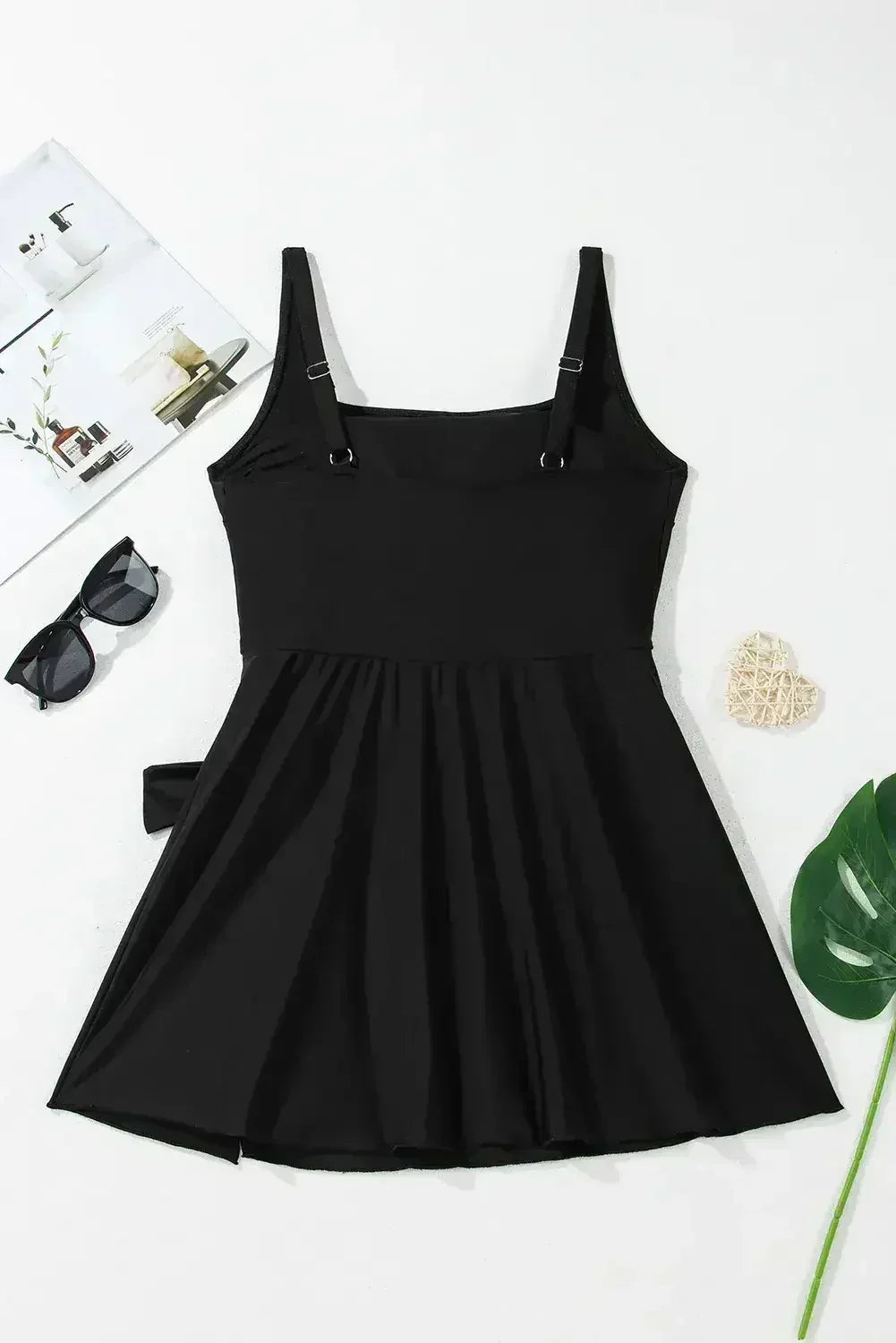Black Side Tied Waist Square Neck Adjustable Straps A Line One Piece Swim Dress - Femstylo
