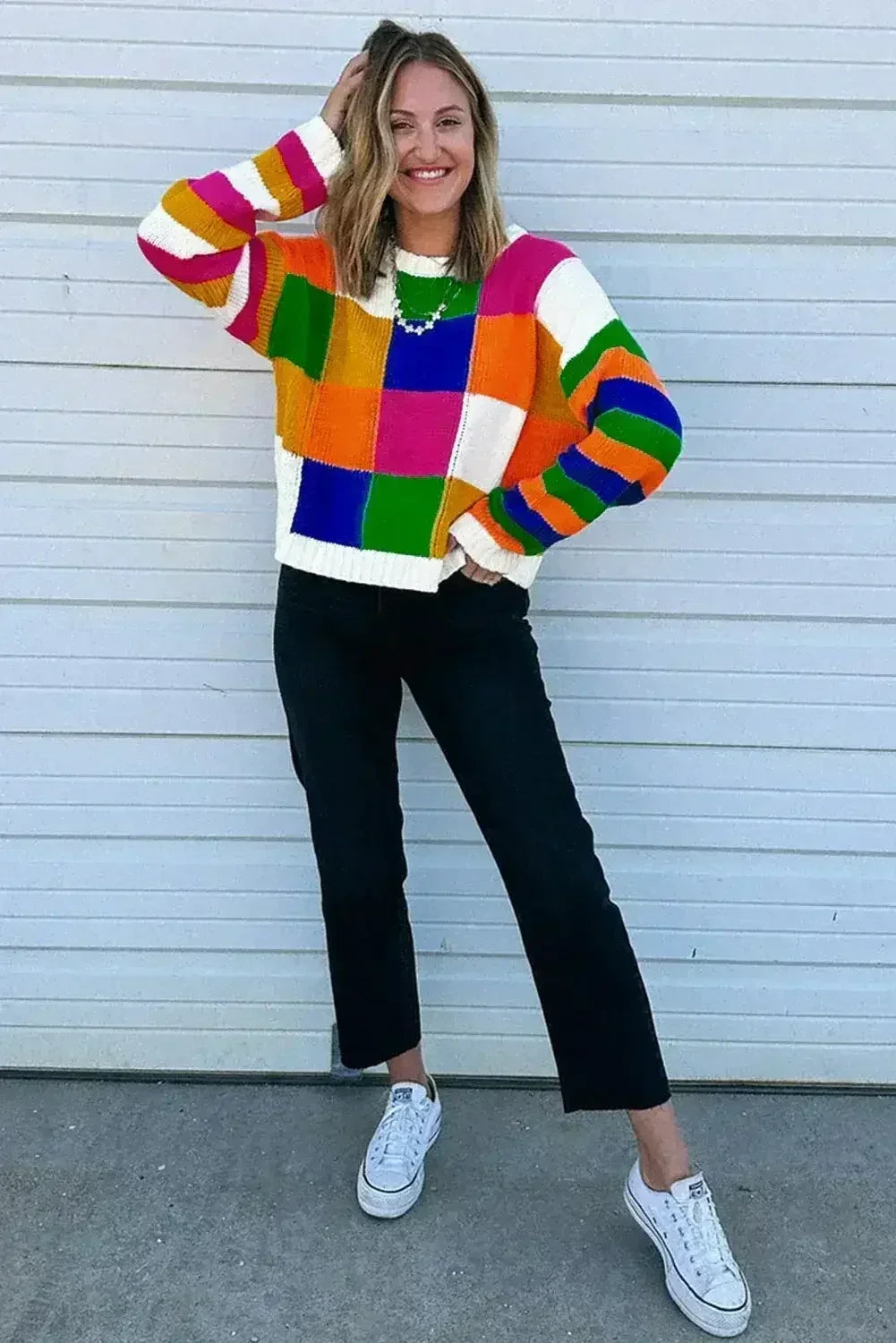 Orange Checkered Color Block Round Neck Loose Sweater - Femstylo