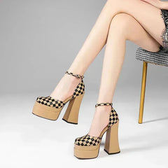 Leather Super Heels Platform Banquet High Heels Colorblock Chunky Heel