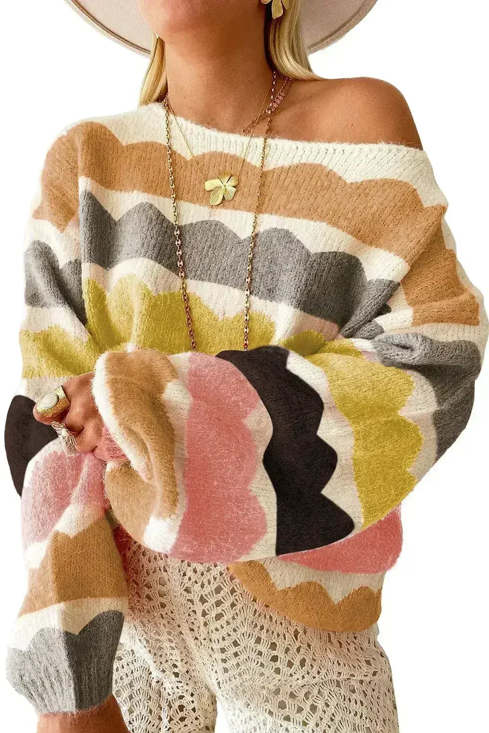 Yellow Wave Striped Balloon Sleeve Drop Shoulder Sweater - Femstylo