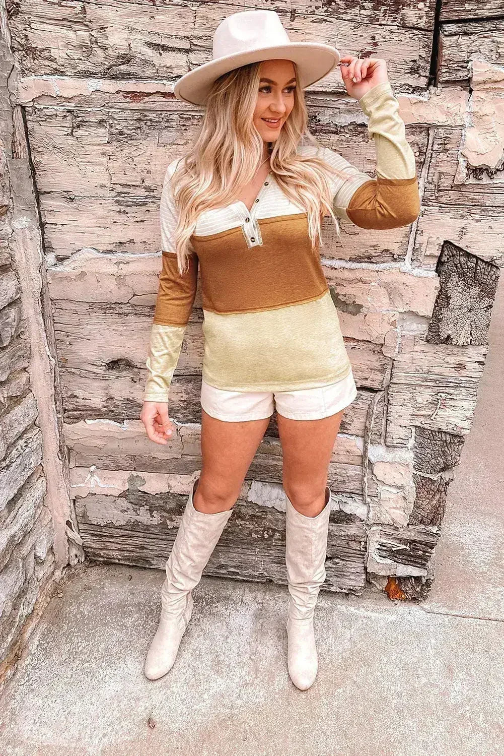 Orange Color Block Henley Top - Striped V-Neck Knit | Femstylo - Femstylo