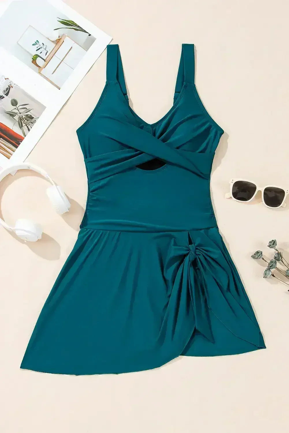 Navy Blue Adjustable Straps Cutout Ruched Knot Slit One Piece Swim Dress - Femstylo