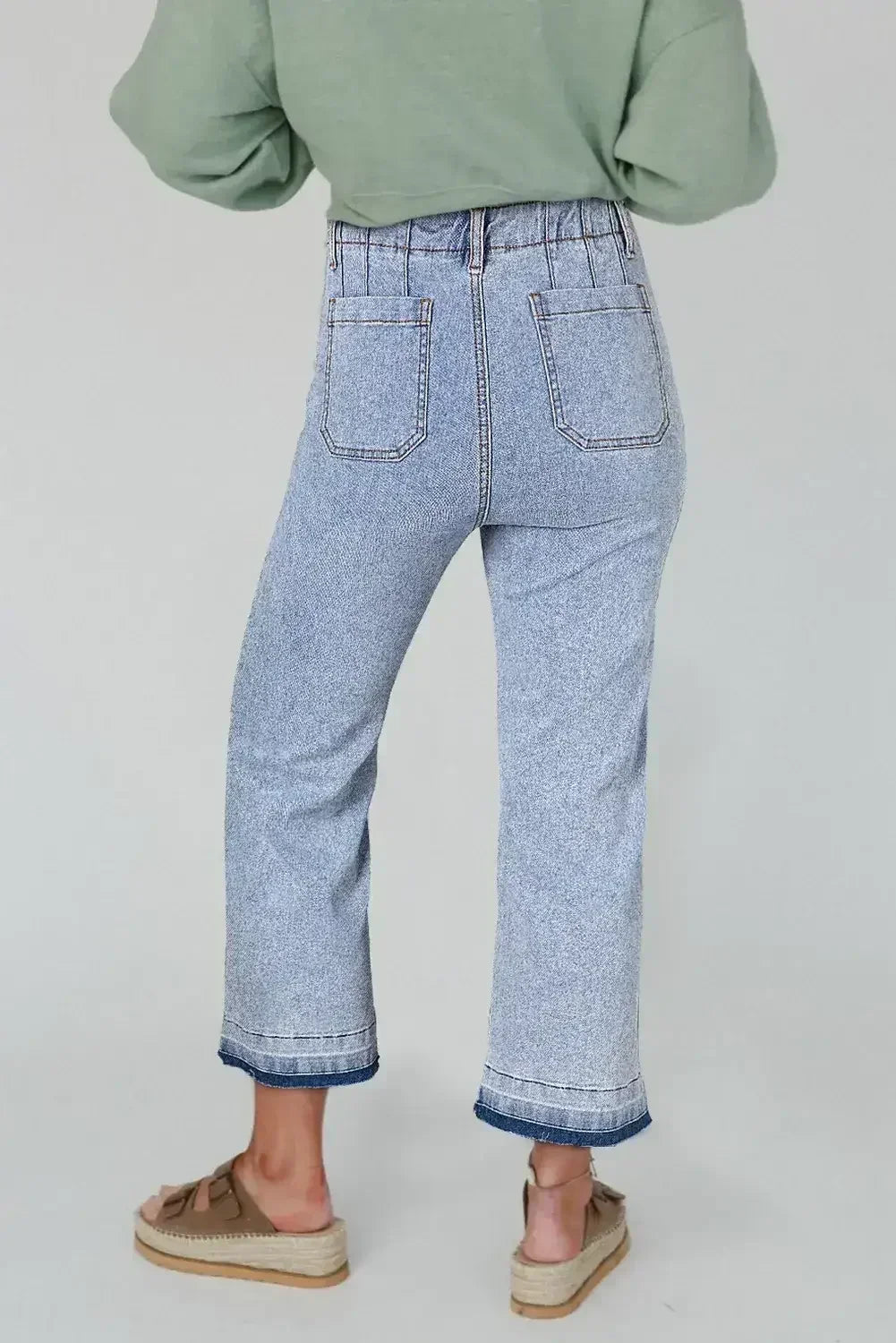 Beau Blue Acid Washed Contrast Hem Pocketed Cropped Jeans - Femstylo