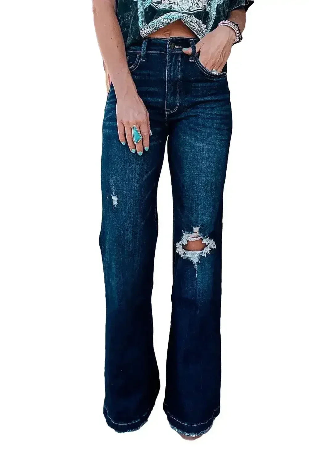 Real Teal High Rise Ripped Bell Bottom Jeans - Femstylo