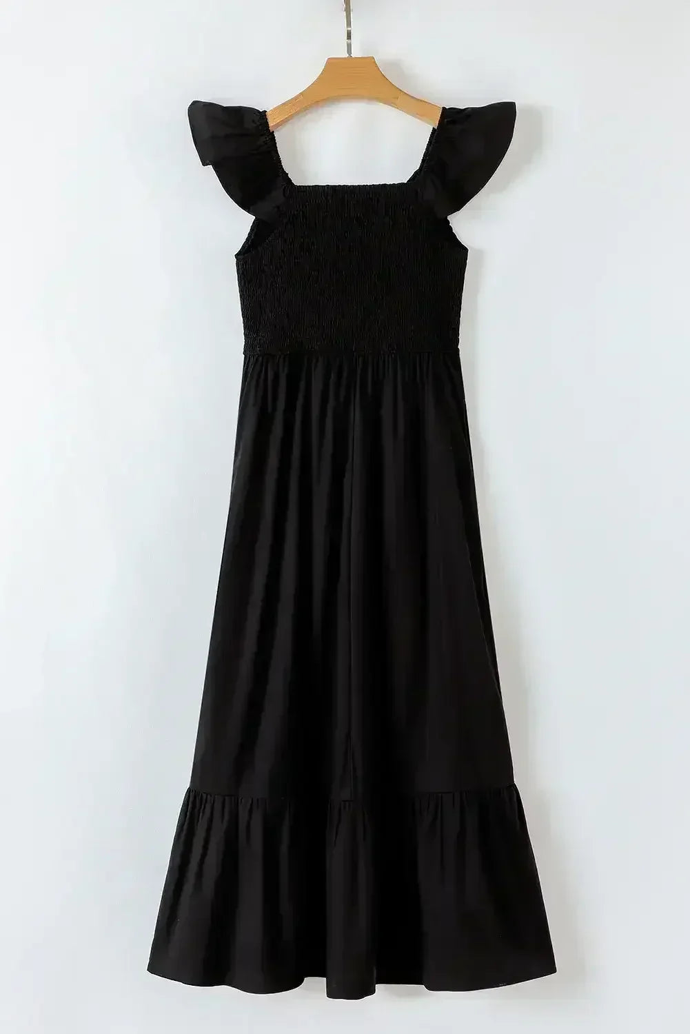 Black V Neck Flutter Sleeve Smocked Bodice High Waist Ruffle Maxi Dress - Femstylo