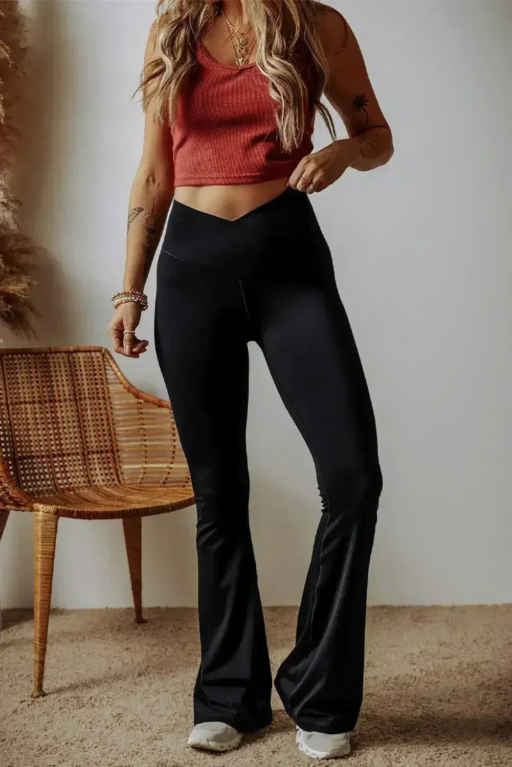 Dark Grey V Shape High Waist Flared Leggings - Femstylo