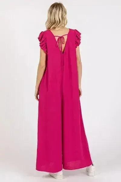Mittoshop V-Neck Ruffled Cap Sleeve Jumpsuit - Wide Leg Design - Femstylo