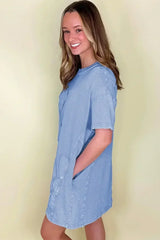 Sky Blue Mineral Wash Flower Patchwork Mini T Shirt Dress - Femstylo