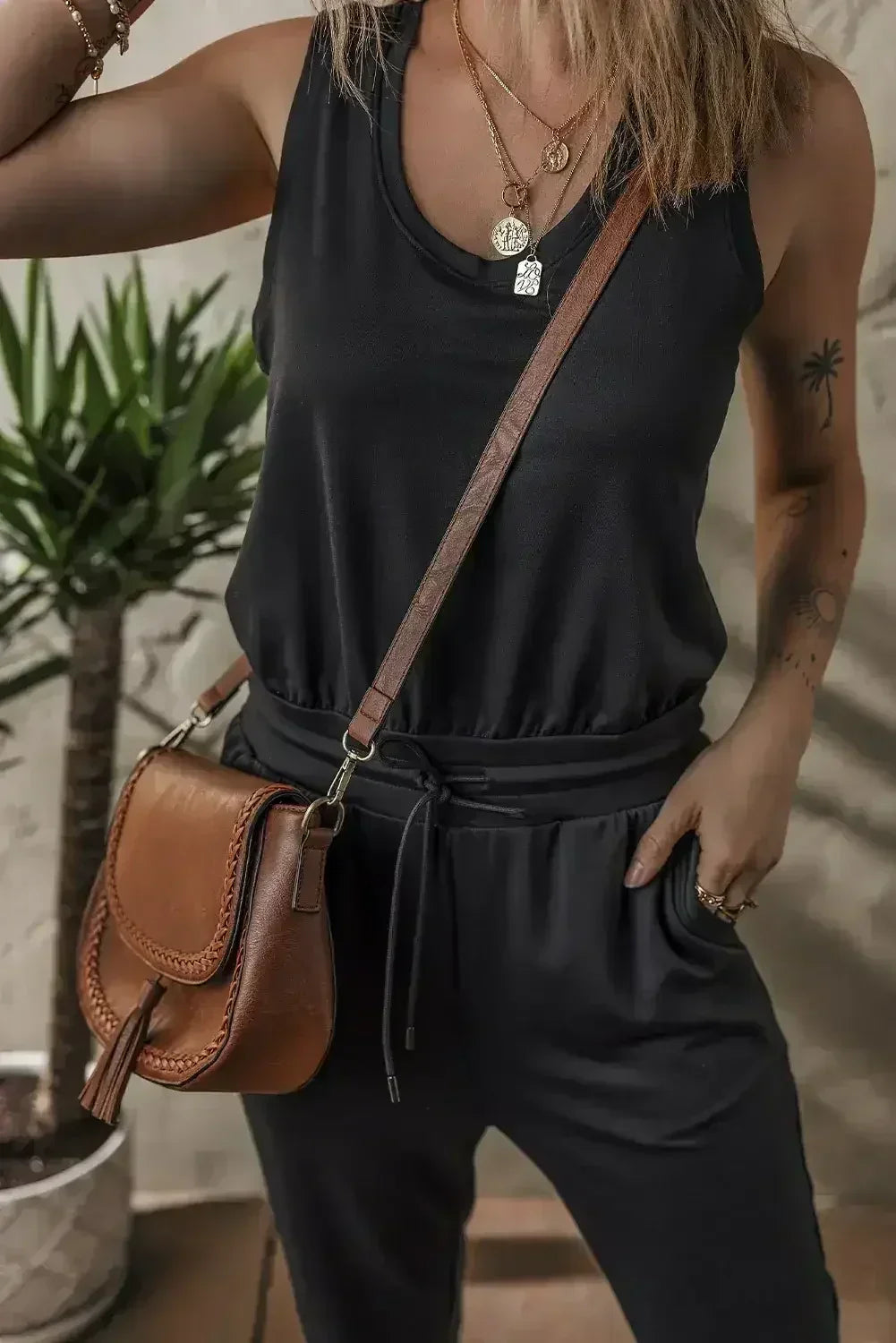 Black Casual Tank Style Tie Waist Pocketed Jogger Jumpsuit - Femstylo