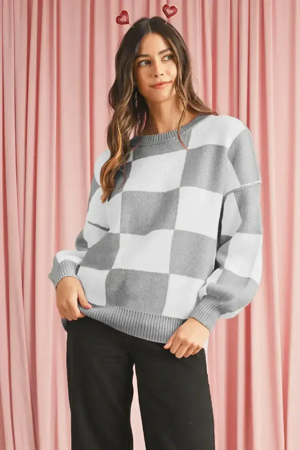 Green Checkered Bishop Sleeve Pullover Sweater - Femstylo