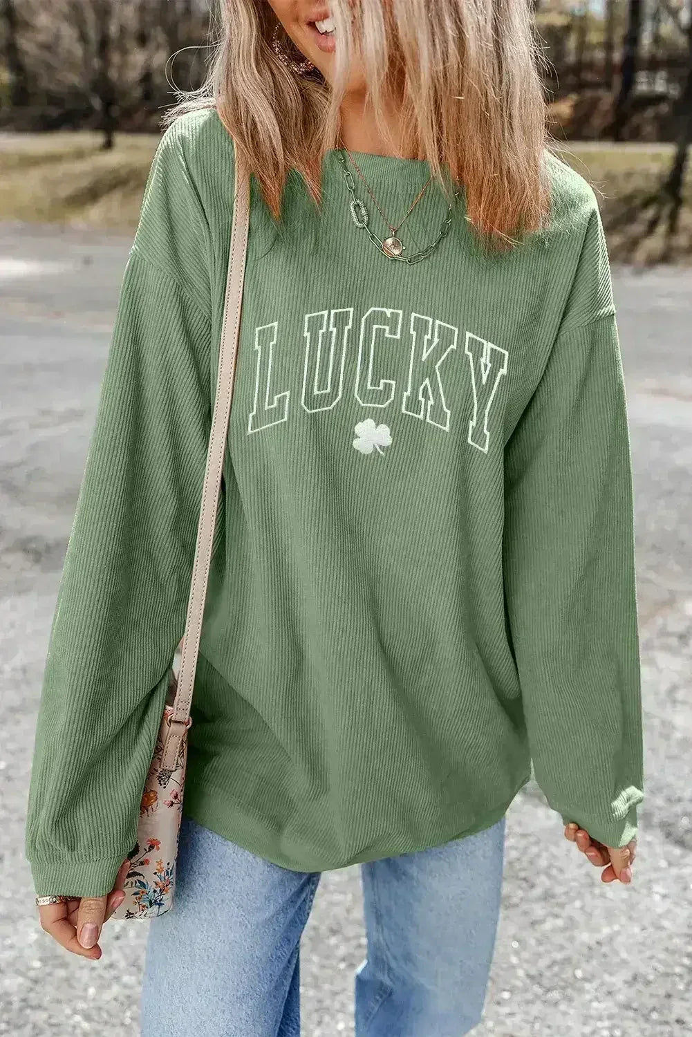 Grass Green LUCKY Clover Drop Shoulder Ribbed St Patrick Sweatshirt - Femstylo