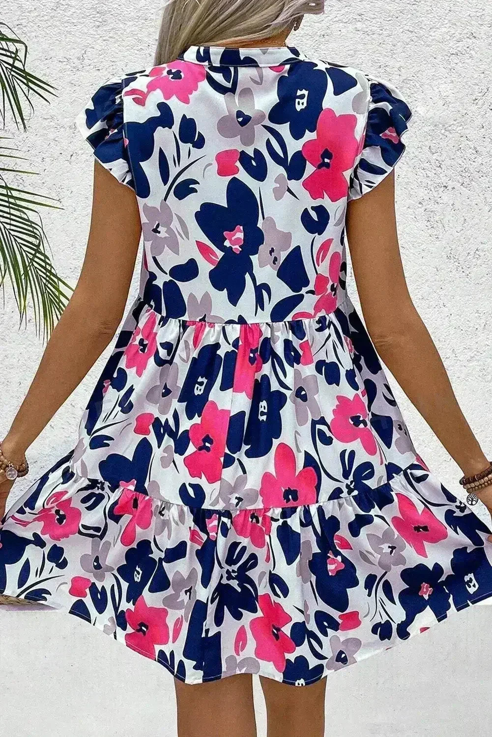 Rose Floral Print Notched Neck Flutter Sleeve Mini Dress - Femstylo