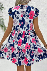 Rose Floral Print Notched Neck Flutter Sleeve Mini Dress - Femstylo