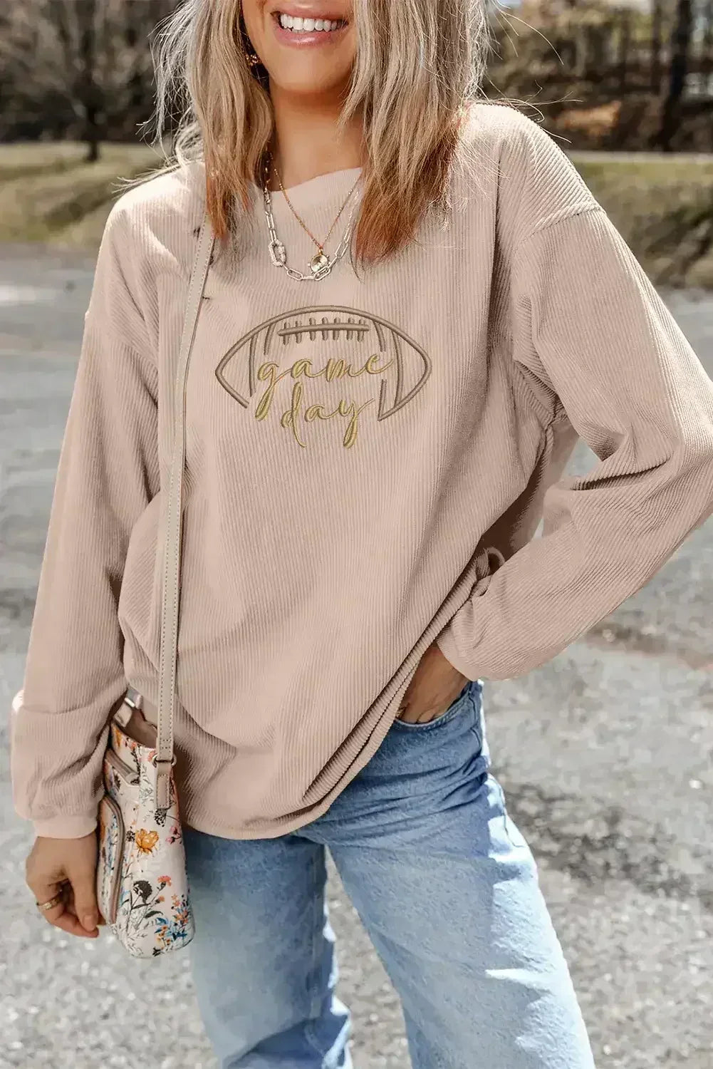 Apricot Football Graphic Drop Shoulder Game Day Corded Sweatshirt - Femstylo
