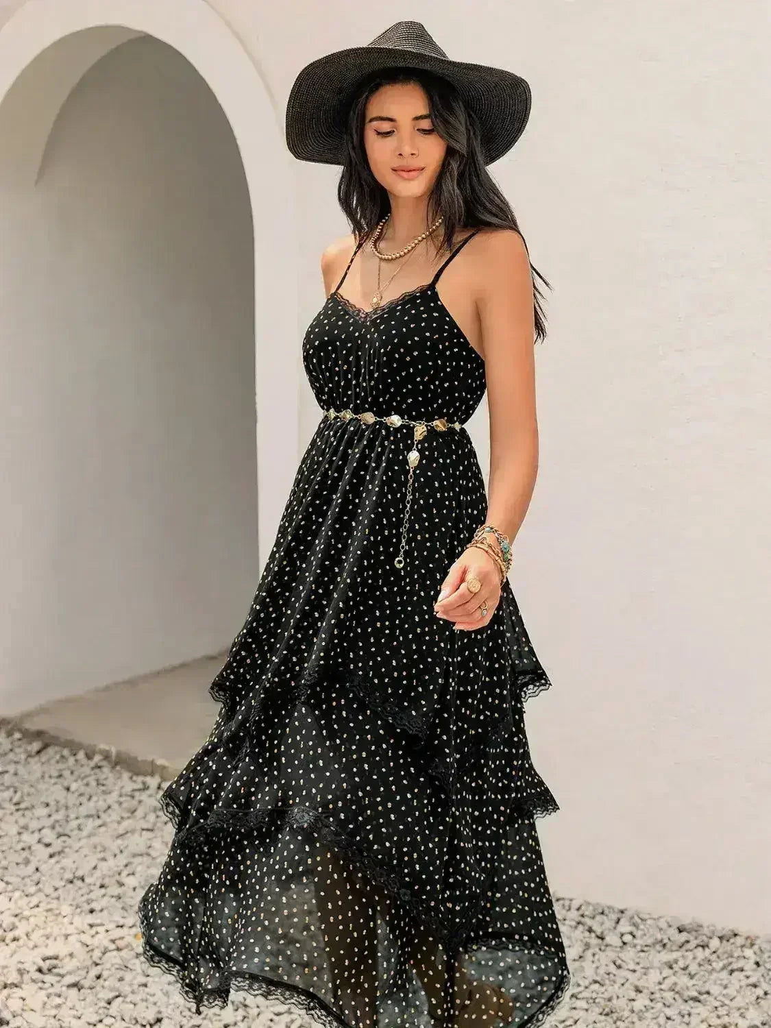 Lace Detail Layered Printed Midi Cami Dress - Femstylo