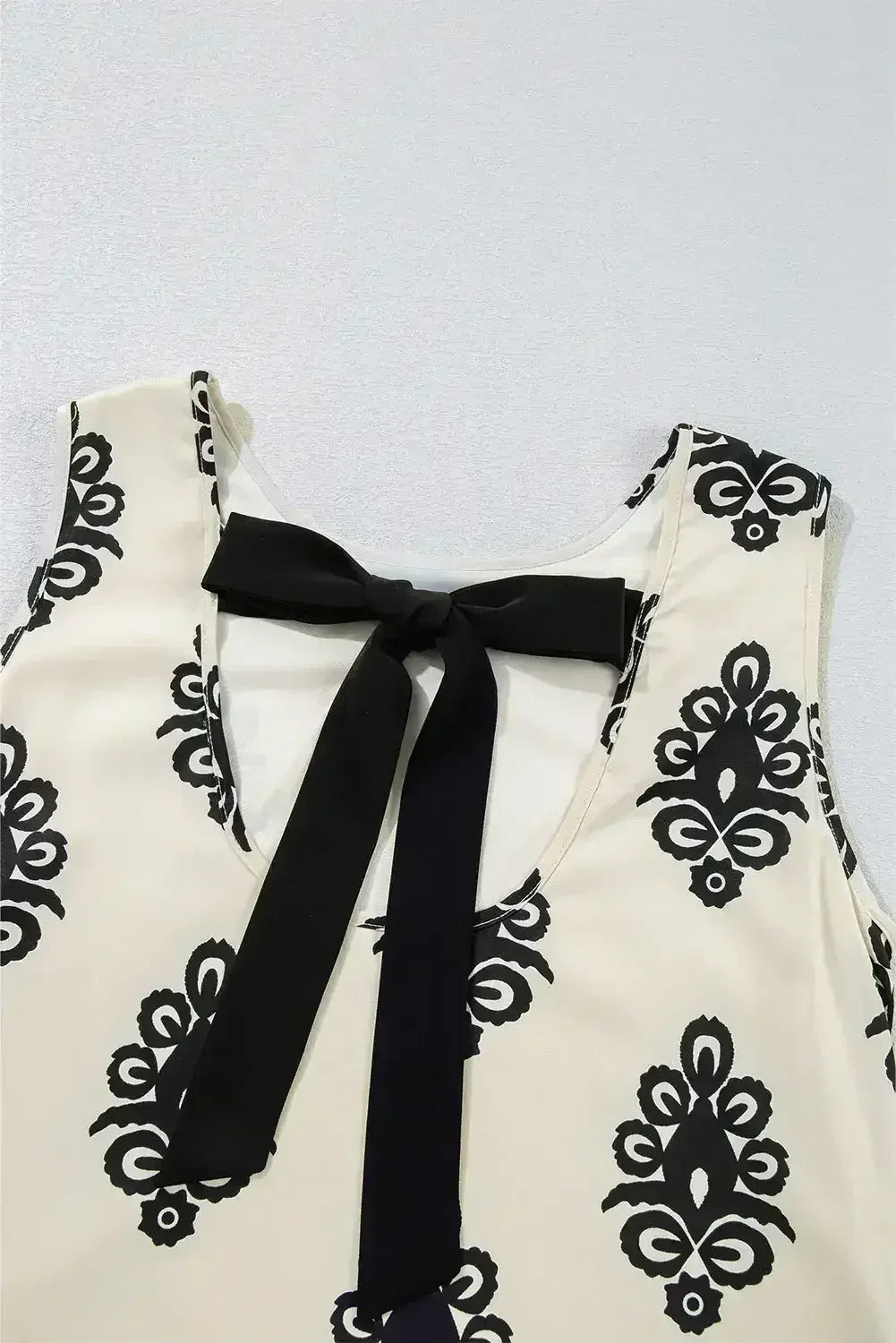 Beige Geometric Printed Sleeveless Hollowed Bowknot Back Mini Dress - Femstylo