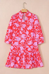 Red Floral 3/4 Sleeve Ruffle Hem Mini Dress - Femstylo