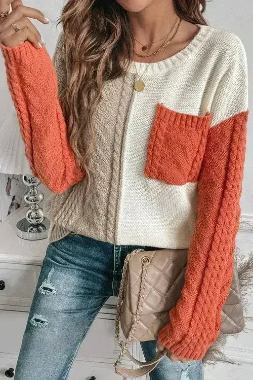 Color Block Round Neck Long Sleeve Sweater - Femstylo