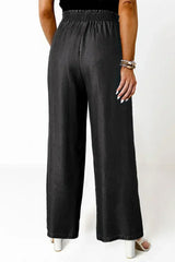 Black Side Pockets Frilled Smocked High Waist Wide Leg Jeans - Femstylo