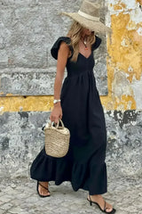 Black V Neck Flutter Sleeve Smocked Bodice High Waist Ruffle Maxi Dress - Femstylo