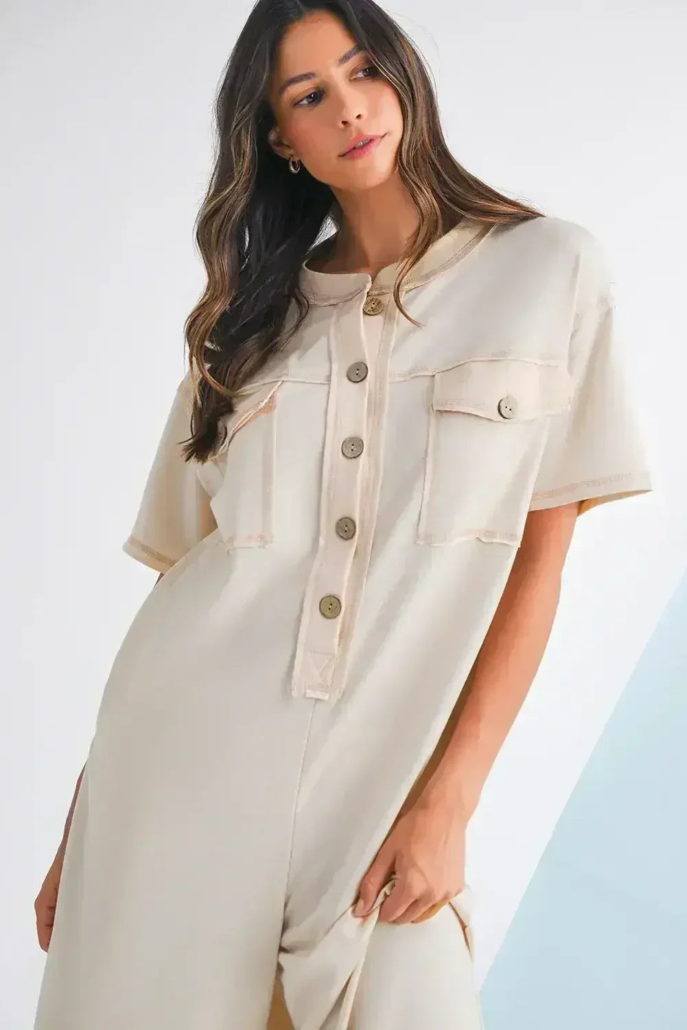 Jet Stream Patchwork Pocket Short Sleeve Jumpsuit - Femstylo