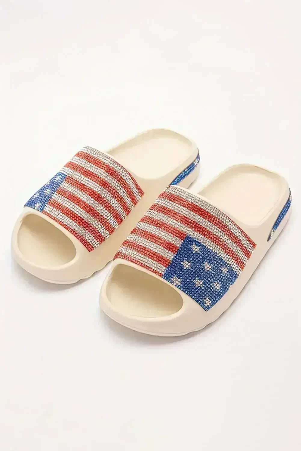 White Rhinestone American Flag Thick Sole Slides Shoes - Femstylo