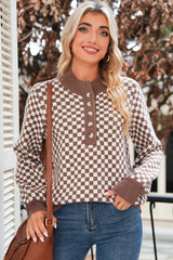 Dark Brown Plaid Contrast Trim Button Neck Sweater - Femstylo