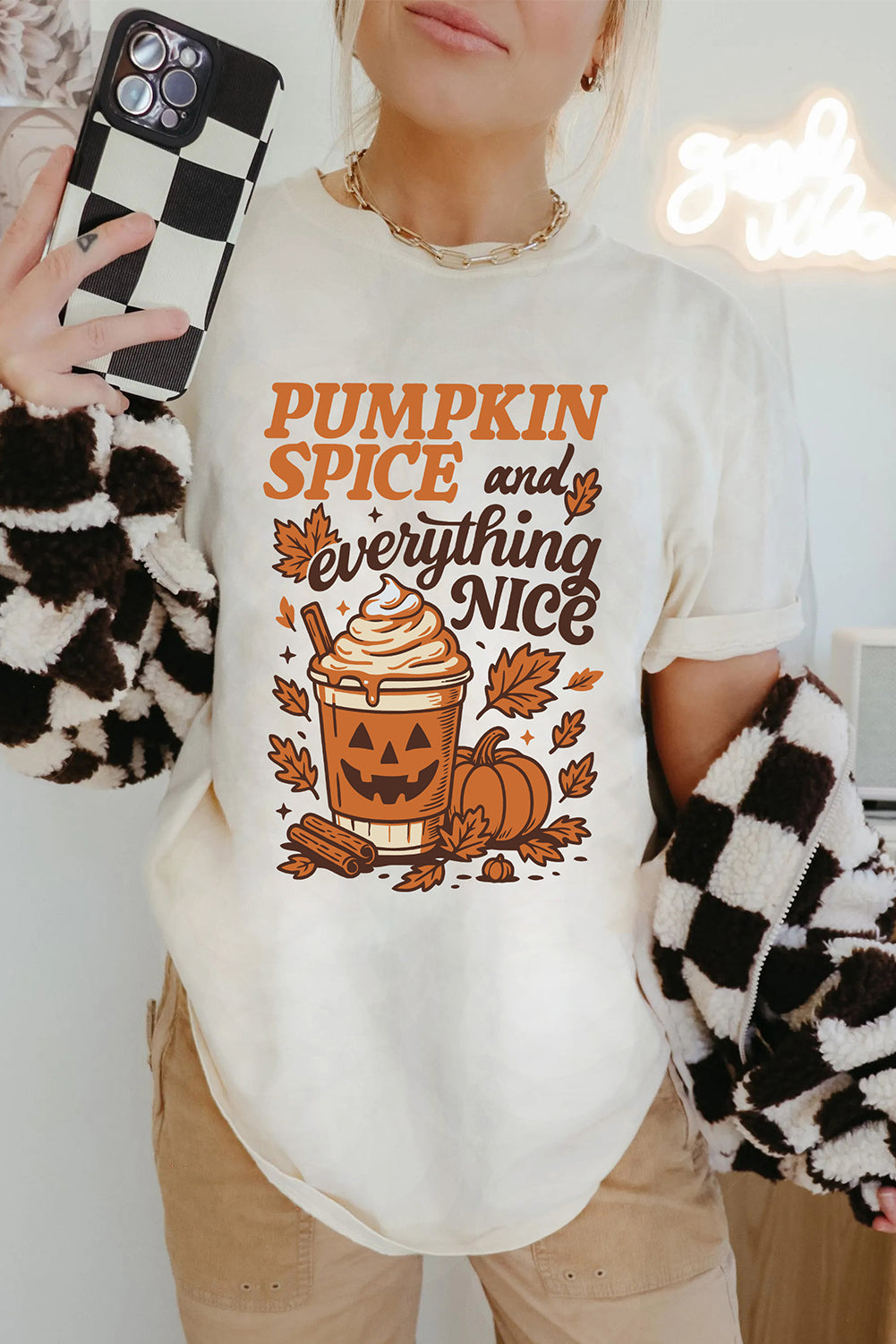 White Fall Vibe Thanksgiving Graphic Heat Transfer Printing T Shirt