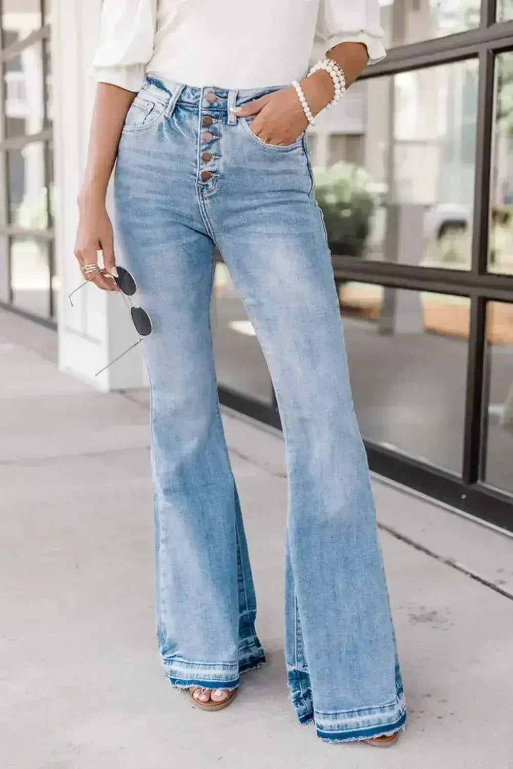 Blue Light Wash High Waisted Bell Bottom Jeans - Femstylo
