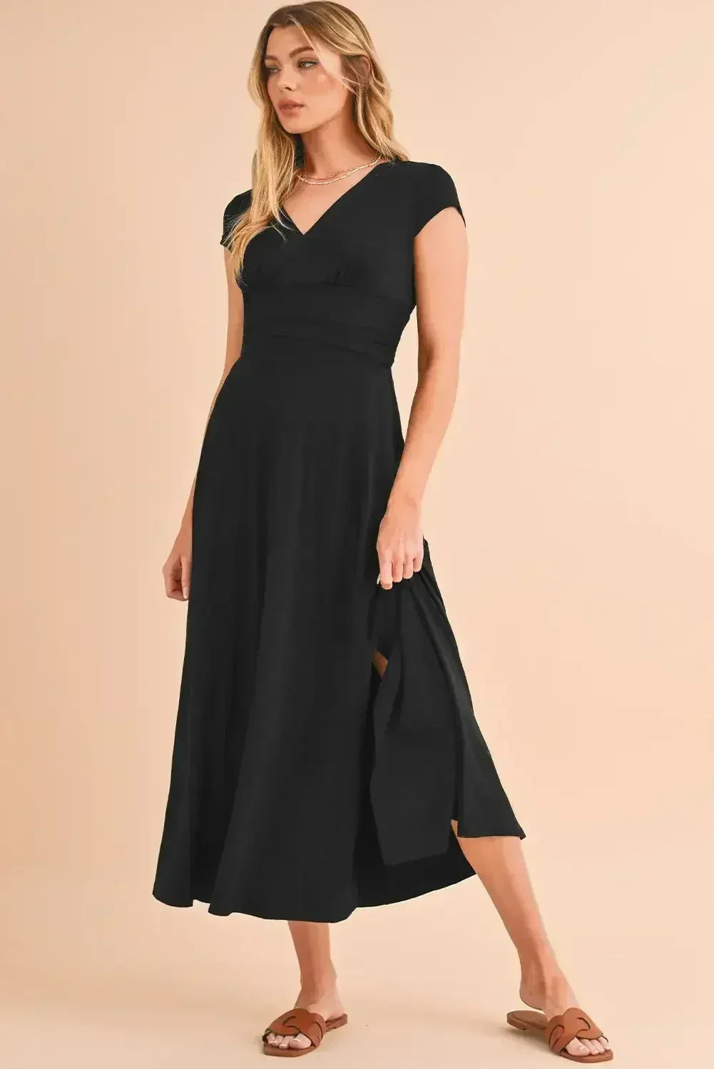 Black Deep V Neck Ruched High Waist Midi Dress - Femstylo