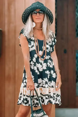Dark Green Floral Print Ruffle Sleeve Empire Waist Mini Dress - Femstylo