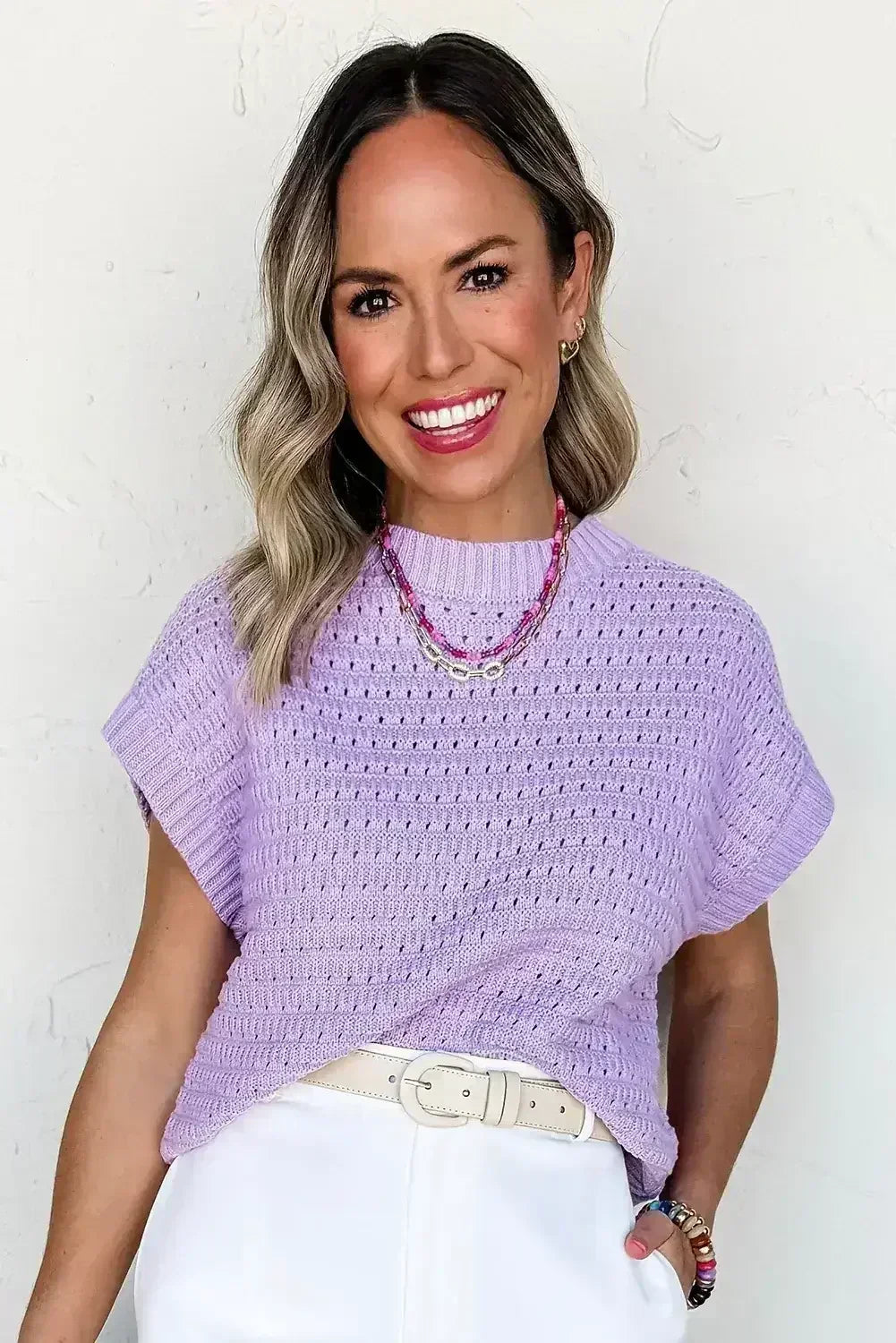 Lavendula Solid Color Ribbed Trim Pointelle Knit Top - Femstylo
