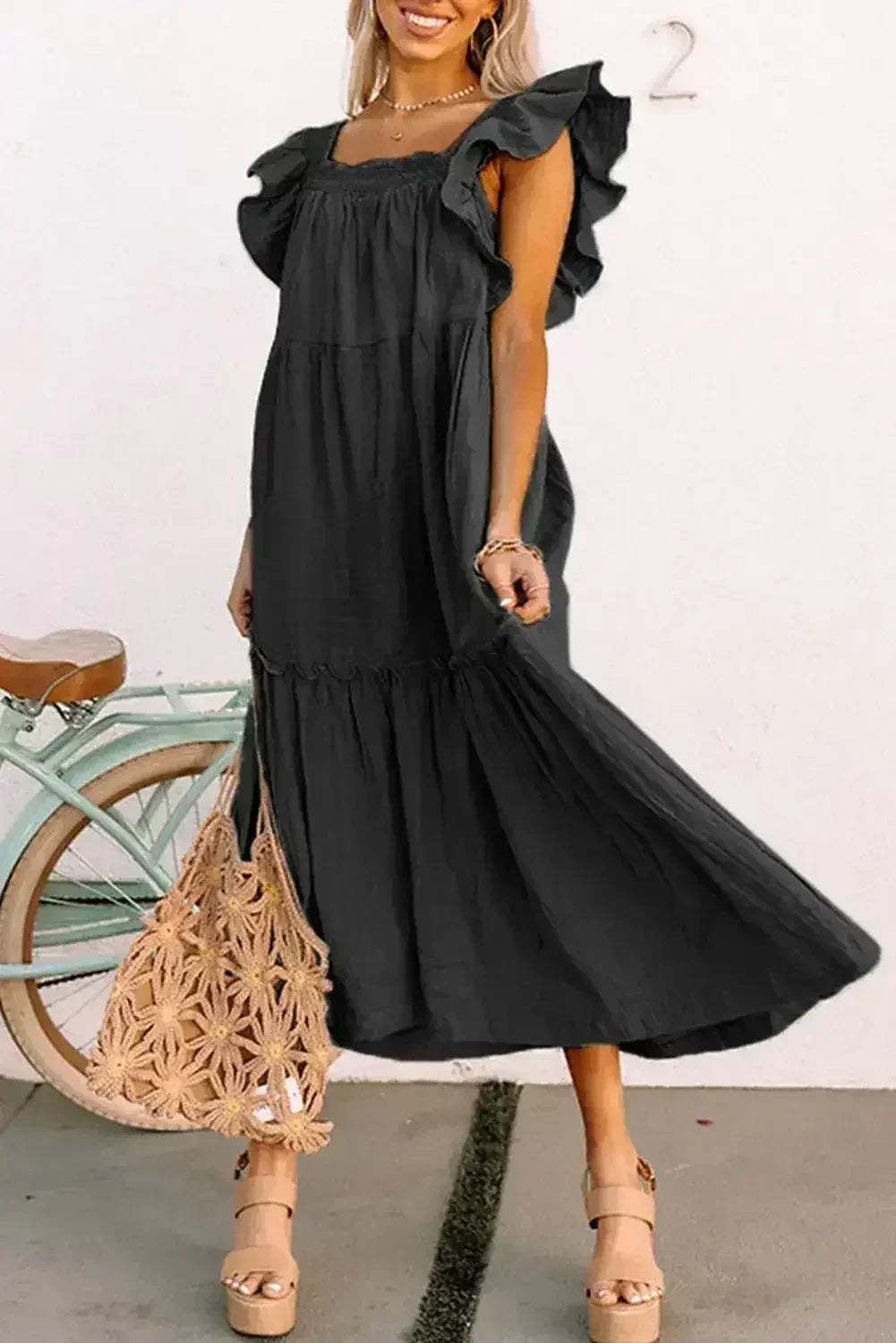 Purple Ruffled Flutter Sleeve Square Neck Textured Tiered Maxi Dress - Femstylo