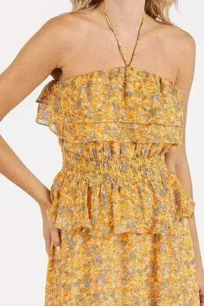 Mittoshop Ruffled Smocked Floral Halter Neck Maxi Dress - Femstylo
