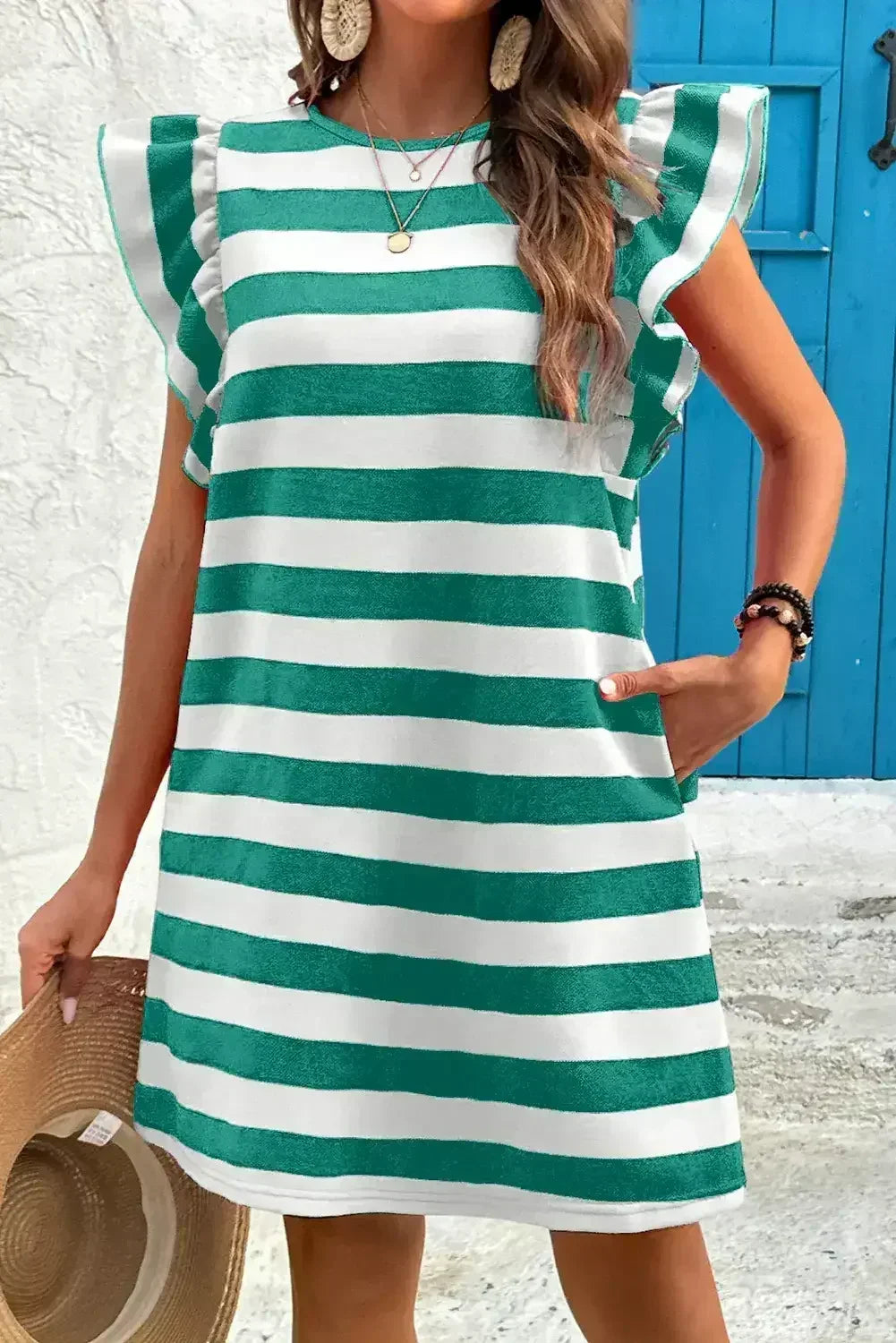 Black Stripe Flutter Sleeve Round Neck Shift Mini Dress - Femstylo