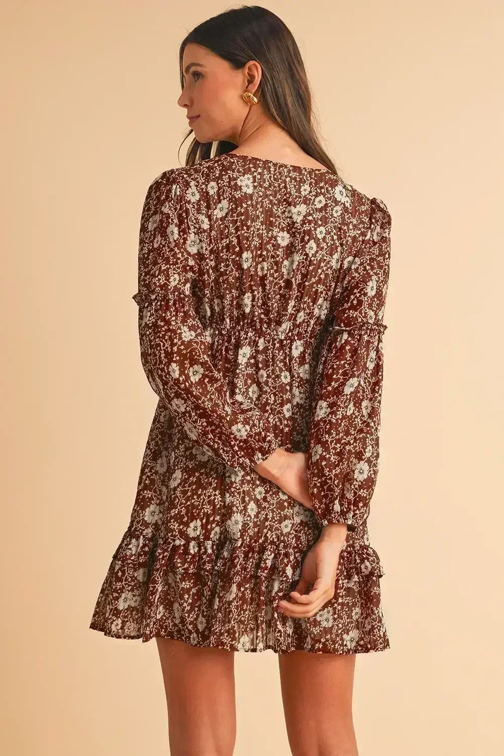 Brown Boho Floral Ruffle Puff Sleeve V Neck Mini Dress - Femstylo