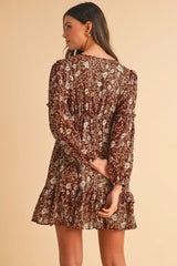 Brown Boho Floral Ruffle Puff Sleeve V Neck Mini Dress - Femstylo