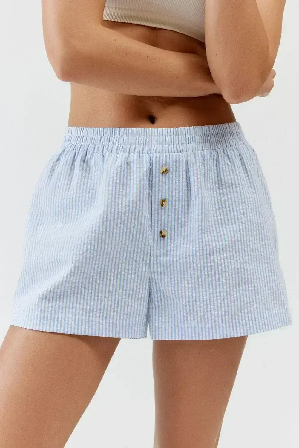 Sky Blue Stripe Button Casual Commuter Shorts - Femstylo