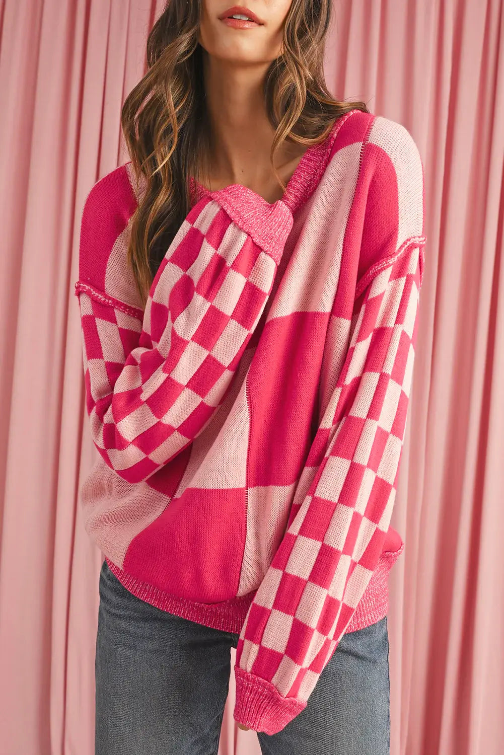 Rose Red Checkered Drop Sleeve Knit Sweater