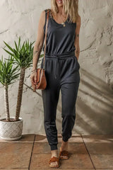 Black Casual Tank Style Tie Waist Pocketed Jogger Jumpsuit - Femstylo