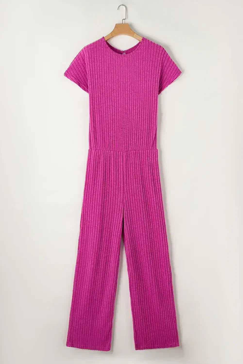 Rose Red Solid Color Ribbed Short Sleeve Wide Leg Jumpsuit - Femstylo