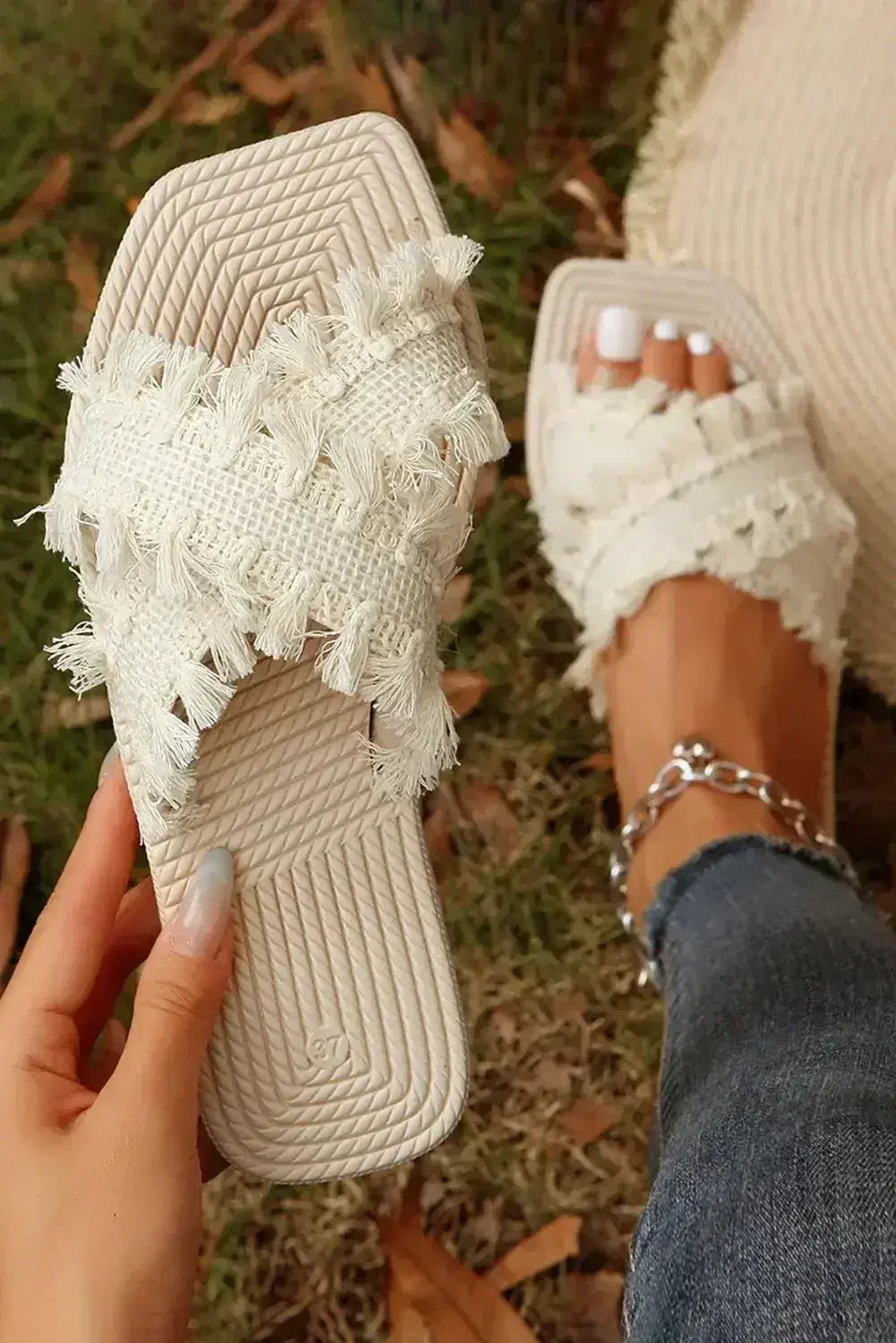 Beige Tassel Woven Crossed Straps Flat Slides Shoes - Femstylo